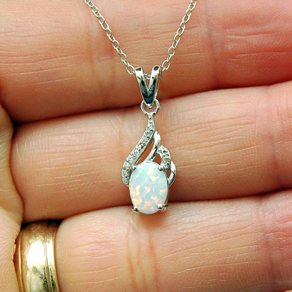 White Opal Pendant Necklace with Pave CZ - Picture 3 of 3